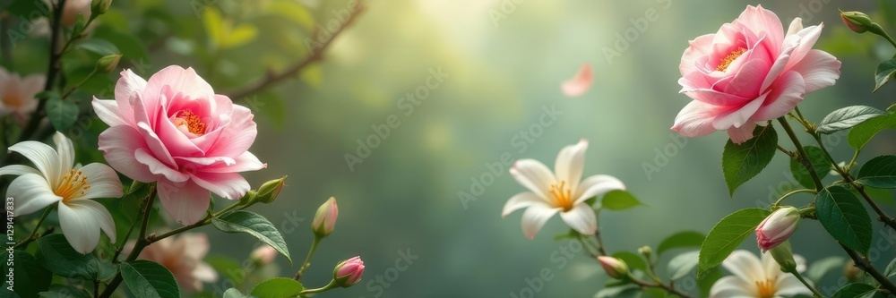 Soft pink roses and white lilies suspended in the air amidst branches, greenery, floral installation, nature Soft pink roses and white lilies suspended in the air amidst branches, greenery, floral installation, nature