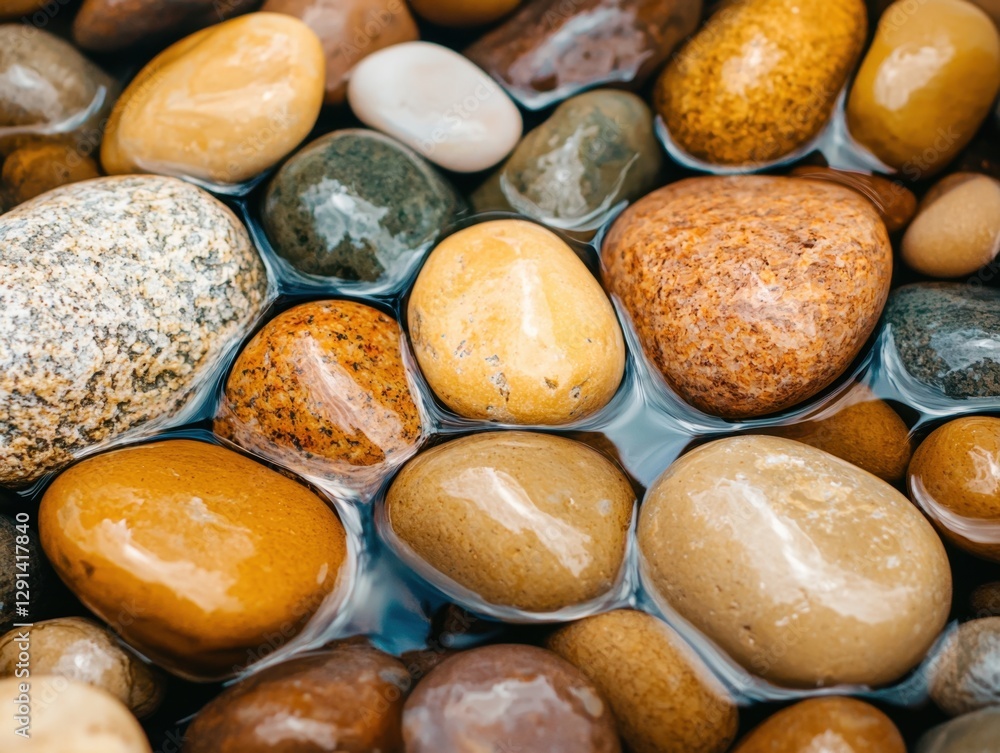 A close-up view of various smooth pebbles submerged in clear water, showcasing an array of natural colors and textures. A close-up view of various smooth pebbles submerged in clear water, showcasing an array of natural colors and textures.