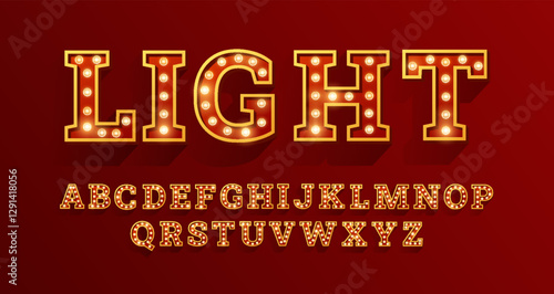 Broadway style retro light bulb font, vintage alphabet lamp letters LIGHT word, language uppercase typing vector symbols