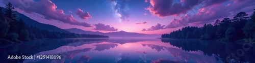 Soft purple and green hues envelop the night sky above a peaceful lake, purple, trees