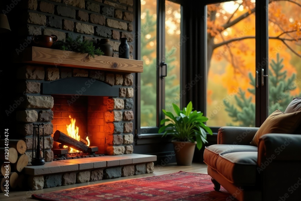 Warm fireplace crackling softly in front of large windows, ambiance, nature Warm fireplace crackling softly in front of large windows, ambiance, nature
