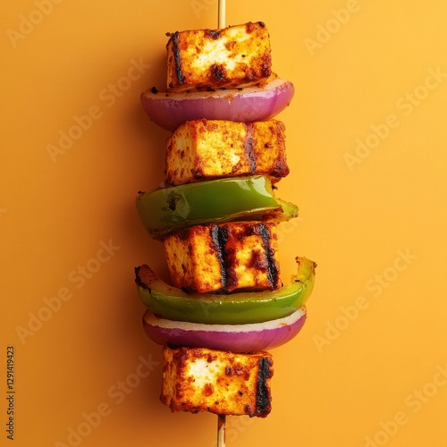 Paneer tikka skewers with onion and capsicum on orange background