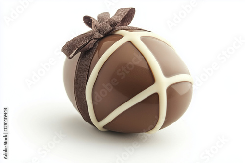 Elegant Chocolate Easter Egg. Chocolate egg with white chocolate pattern and bow. Ideal for Easter promotions and holiday celebrations. photo