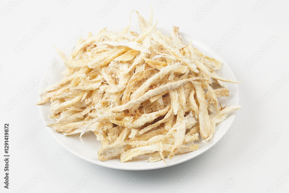 Dried pollack cut into small pieces. Or shredded dried pollack.
Dried pollack cut into small pieces. Or shredded dried pollack.