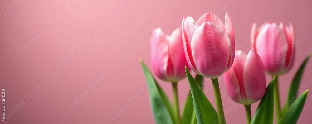 Fototapeta premium Soft pink tulip blooms with slender green stem, nature, slender