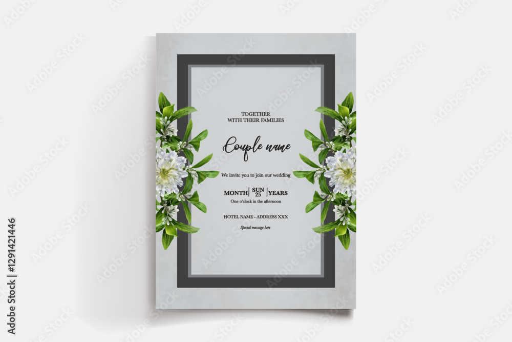 Fototapeta premium WEDDING INVITATION FRAME WITH FLOWER DECORATIONS AND FRESH LEAVES