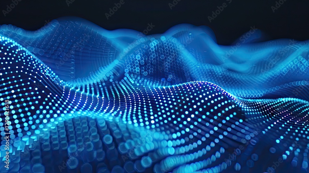 Abstract digital cityscape with buildings made of glowing blue data points and waves Abstract digital cityscape with buildings made of glowing blue data points and waves
