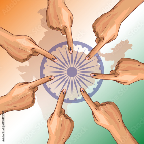 illustration Of Indian voters people hands finger with black ink mark. Election of India vector banner design