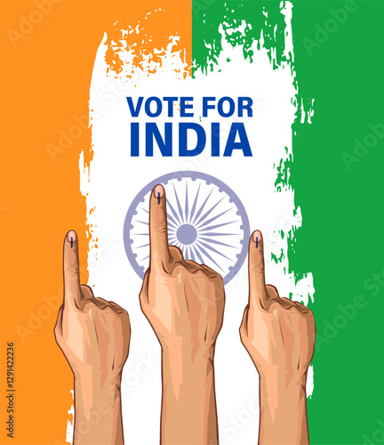 illustration Of Indian voters people hand finger with black ink mark. Vote for India vector banner design