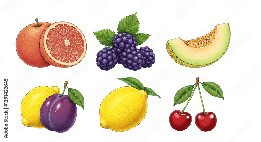 Vibrant Colorful Fruit Illustration with Grapefruit Blackberries Melon Lemons Plums and Cherries Vibrant Colorful Fruit Illustration with Grapefruit Blackberries Melon Lemons Plums and Cherries