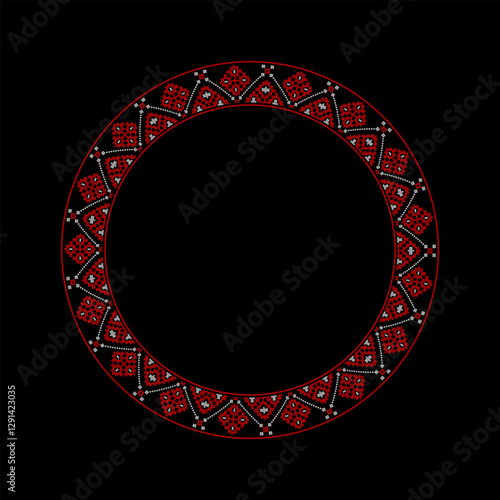 Vector round traditional Ukrainian embroidery frame with geometric ornaments. Perfect for festive designs, cultural projects, and decorative elements inspired by Ukrainian folk art