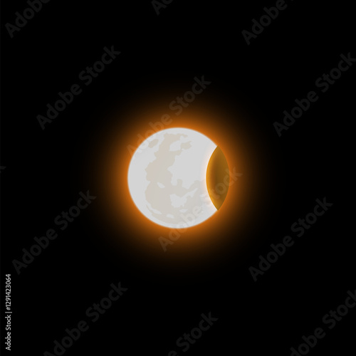Solar or moon partial eclipse vector illustration, shiny crescent on round aura, glowing golden planet in dark universe