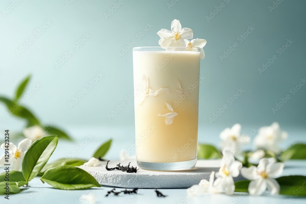 Refreshing drink with floral accents on a light background surrounded by tea leaves and blossoms Refreshing drink with floral accents on a light background surrounded by tea leaves and blossoms