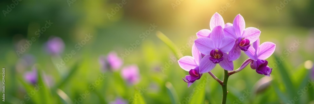 Obraz premium A delicate purple orchid blooms in a lush meadow, purple, nature, white