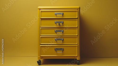 Yellow five-drawer metal cabinet with silver handles standing against a matching yellow wall on a yellow floor