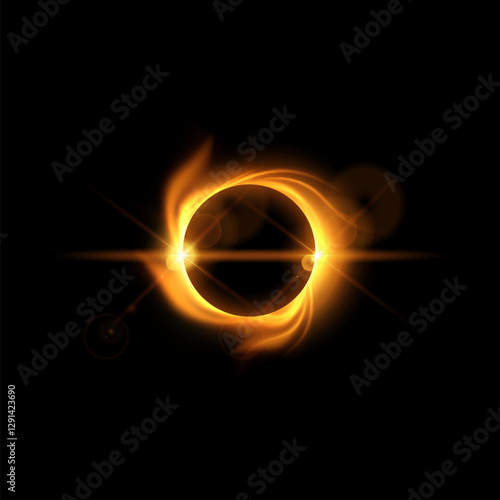 Solar eclipse with burning effect, vector orange glowing full planet eclipse with fire flame vortex in dark universe