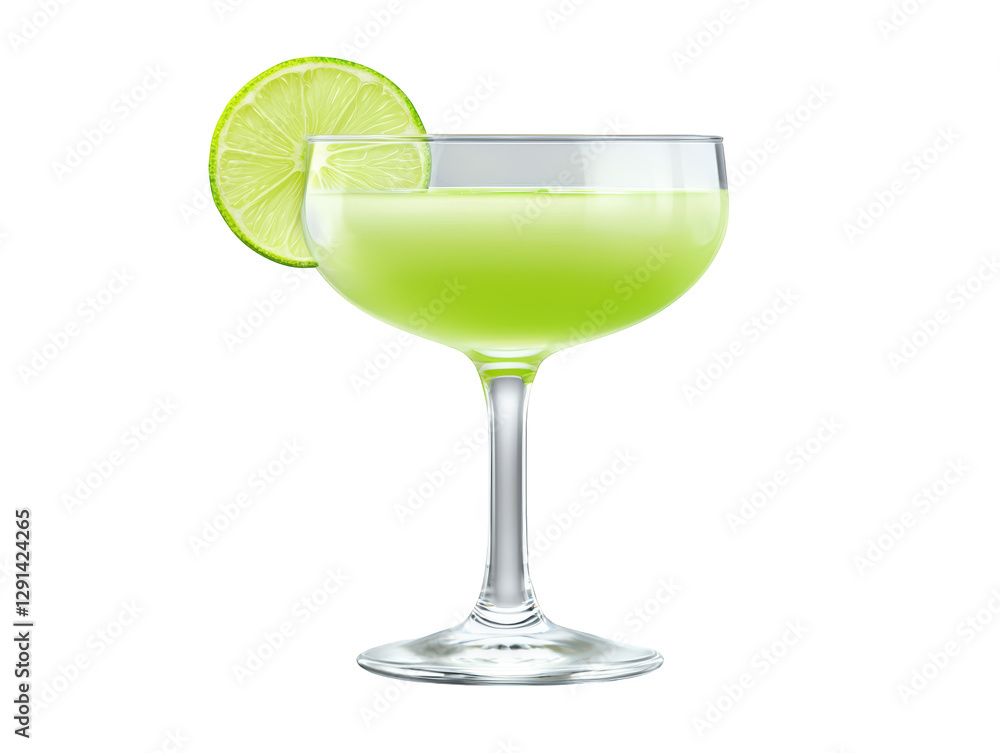 A vibrant green cocktail served in a classic glass, garnished with a slice of lime. A vibrant green cocktail served in a classic glass, garnished with a slice of lime.