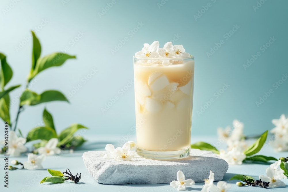 Refreshing iced beverage garnished with delicate flowers on a serene background Refreshing iced beverage garnished with delicate flowers on a serene background
