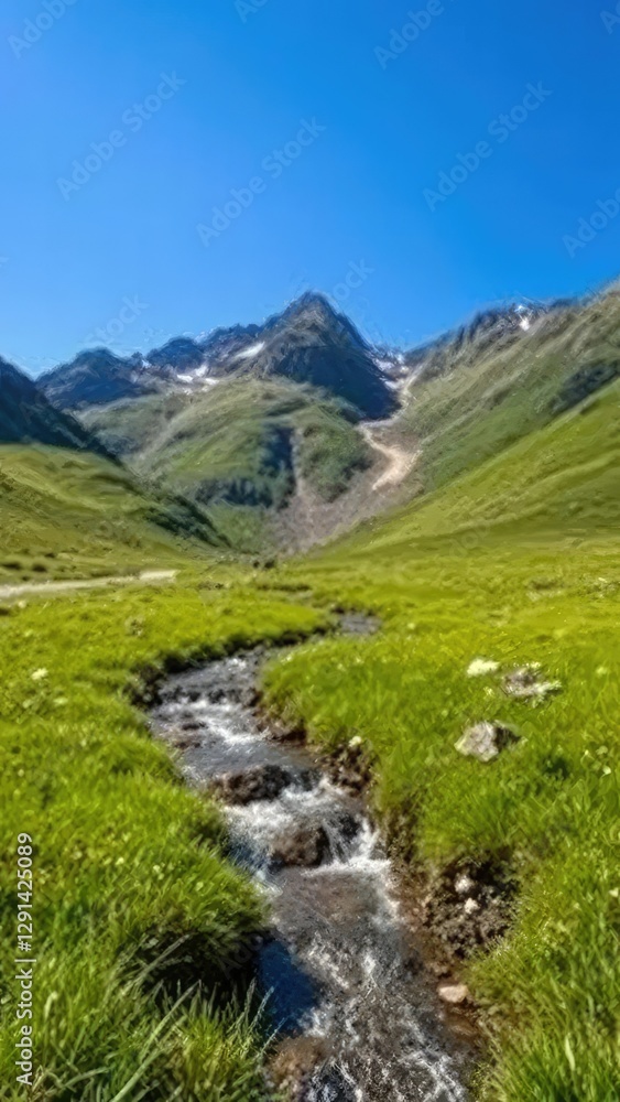 Fototapeta premium A mountain stream flows through a lush green meadow, blue sky, water, landscape