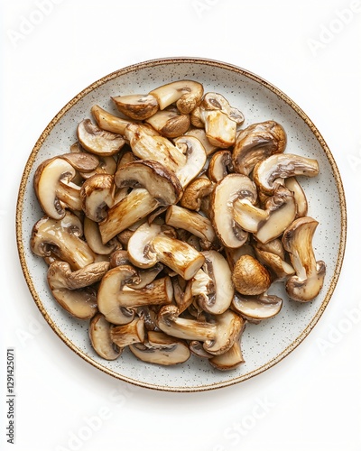 Sauteed Brown Mushrooms on a Ceramic Plate, Isolated on White, Ready to be Enjoyed as a Side Dish or Part of a Larger Meal