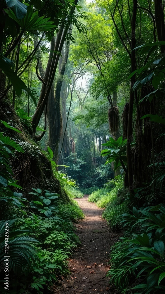 Obraz premium A narrow path disappears into the dense undergrowth of the jungle, forest, canopy