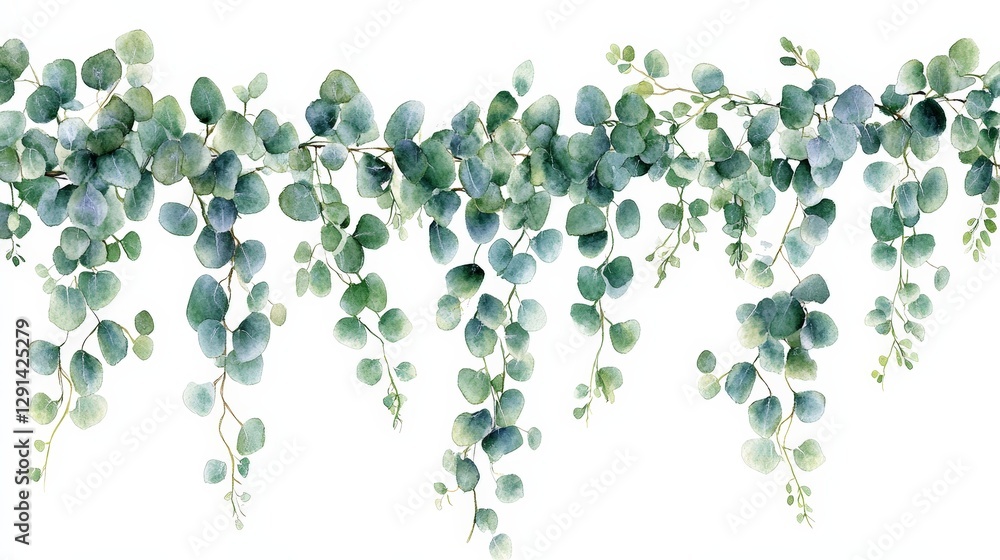 A watercolor illustration of cascading green leaves, ideal for decoration or design. A watercolor illustration of cascading green leaves, ideal for decoration or design.