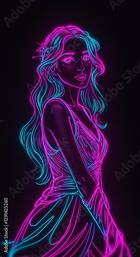 woman drawn with neon lines on a dark background