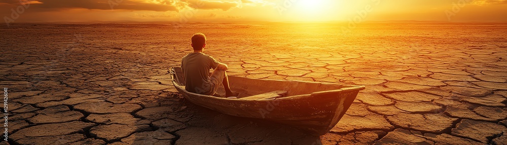 A man sitting on a small boat surrounded by dry cracked earth, environmental catastrophe scene, intense sunlight, barren soil, emotional focus on nature s decline A man sitting on a small boat surrounded by dry cracked earth, environmental catastrophe scene, intense sunlight, barren soil, emotional focus on nature s decline