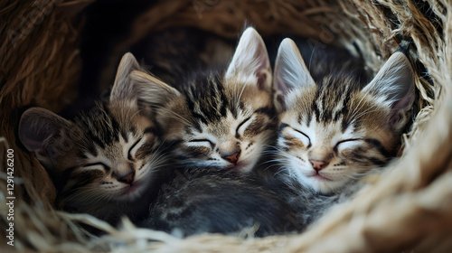 Group of kittens sleeping peacefully in a cozy nest from an overhead perspective