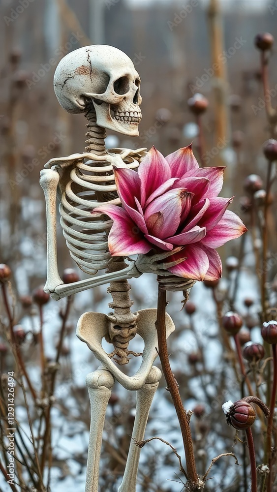 A skeleton holding a large, dead flower with thorns, plants, winter A skeleton holding a large, dead flower with thorns, plants, winter