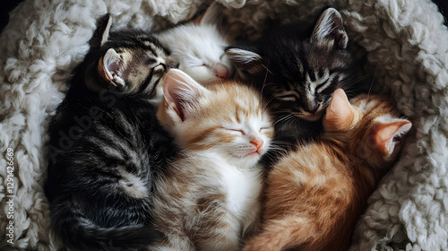 Group of kittens sleeping peacefully in a cozy nest from an overhead perspective