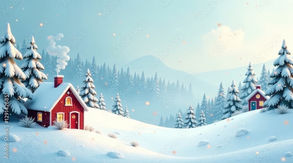 Naklejka premium Winter Wonderland Scene Cozy Red Cottages Nestled Amongst Snow-Covered Evergreen Trees on a Gently Rolling Hillside, Illuminated by a Soft, Golden Light