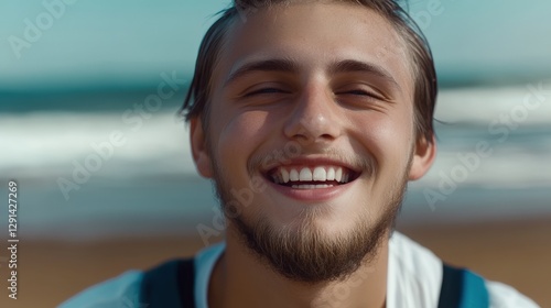 A cheerful young man smiles widely against a beautiful beach backdrop, capturing a moment of happiness and carefree enjoyment of nature and life.