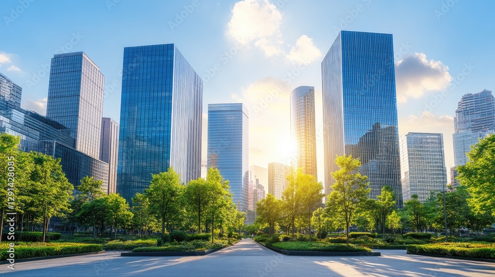 Modern Urban Skyline with Greenery and Bright Sunlight at Dusk Modern Urban Skyline with Greenery and Bright Sunlight at Dusk
