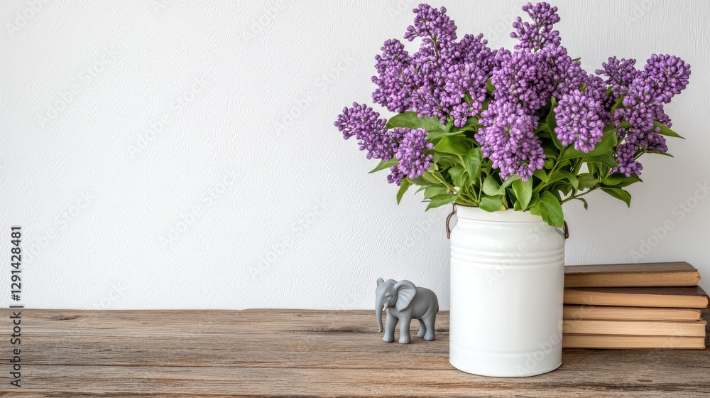 Fototapeta premium Purple lilac flowers in a white milk can sit on a rustic table with books and an elephant figurine against a white wall