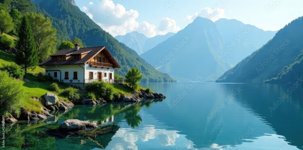 Fototapeta premium Casa sul lago con acque specchiata riflesso montagne, tranquillit?, paesaggio, villa