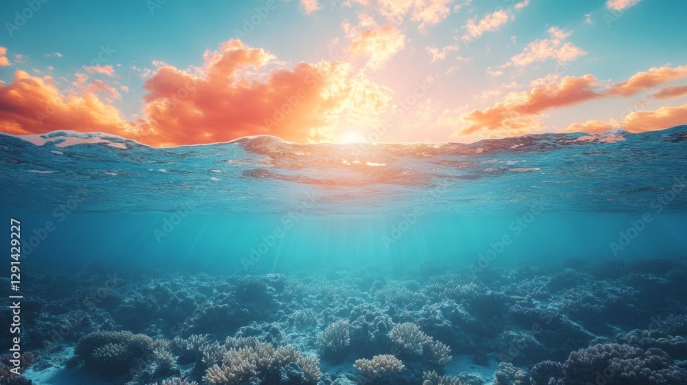 Under the dazzling sky, rich hues radiate as the sun sets, illuminating the peaceful coral reef below. Marine life thrives in the serene waters, creating a magical underwater world Under the dazzling sky, rich hues radiate as the sun sets, illuminating the peaceful coral reef below. Marine life thrives in the serene waters, creating a magical underwater world