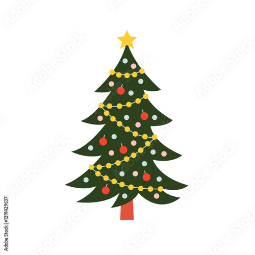 Cute green Christmas tree isolated on a white background, vector illustration. Simple flat design. Christmas decorative element for a card, poster, banner. Vintage and nostalgic