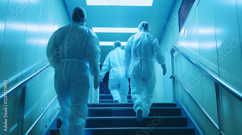 Healthcare workers walking up stairs in hospital