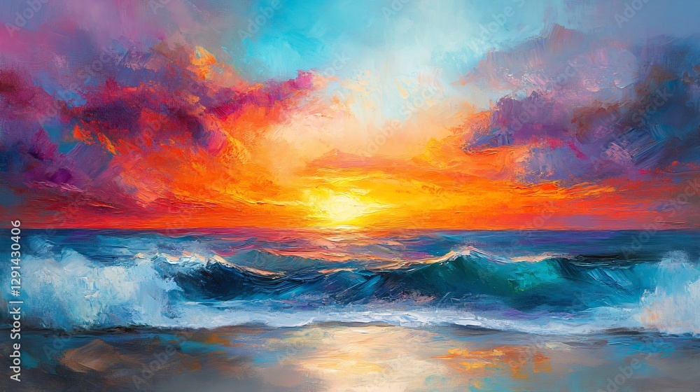 Abstract Oil Painting on Canvas: Colorful Sunset over Mountains Abstract Oil Painting on Canvas: Colorful Sunset over Mountains