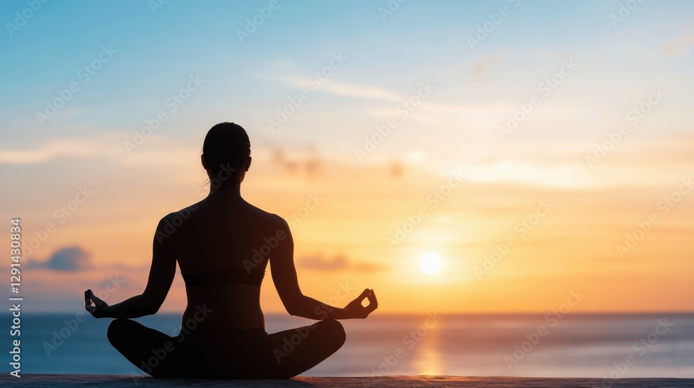 A serene silhouette meditates by the ocean at sunset, embodying peace and tranquility in a beautiful natural setting. A serene silhouette meditates by the ocean at sunset, embodying peace and tranquility in a beautiful natural setting.