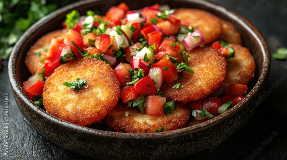 Crispy Cheese Fritters with Spicy Salsa on Dark Plate, Dark Background Crispy Cheese Fritters with Spicy Salsa on Dark Plate, Dark Background
