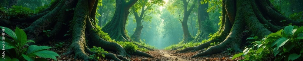 Fototapeta premium Dense jungle with vines crawling over ancient trees, undergrowth, tree roots, jungle