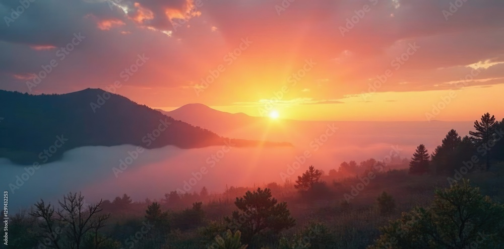 Obraz premium Warm rays of sunrise peeking through misty morning air, sunrise, calm, dawn