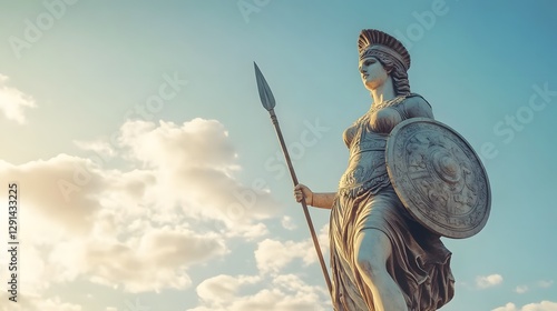 A towering statue of a warrior goddess with a shield and spear