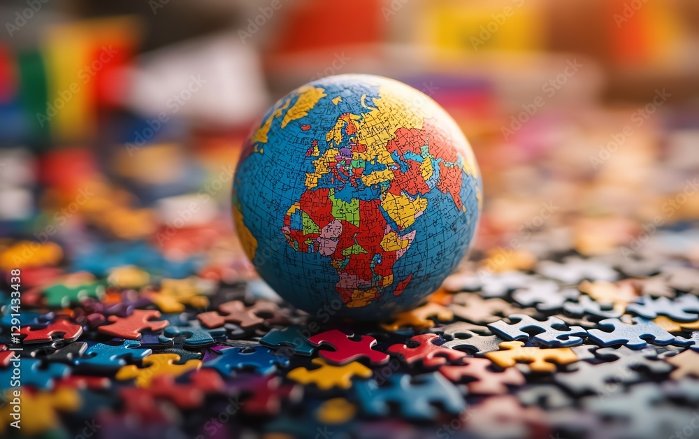 Small globe at the center of a room filled with colorful puzzle pieces, surrounded by international flags, global unity, world collaboration, vibrant design, peaceful atmosphere Small globe at the center of a room filled with colorful puzzle pieces, surrounded by international flags, global unity, world collaboration, vibrant design, peaceful atmosphere