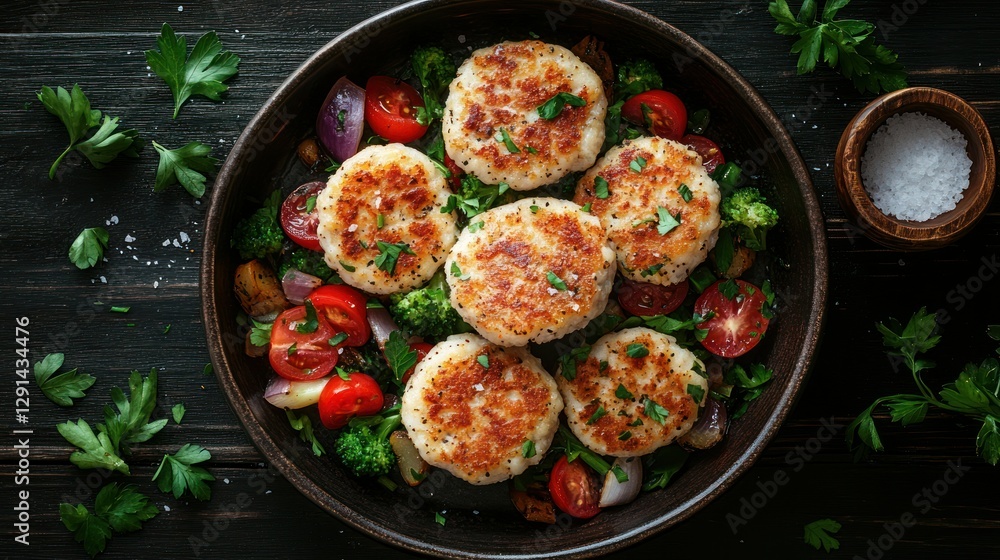 Crispy fish cakes with roasted vegetables on dark wooden table Crispy fish cakes with roasted vegetables on dark wooden table
