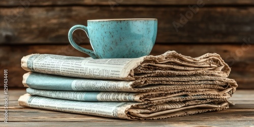 Morning news, coffee, wooden table. Cozy reading