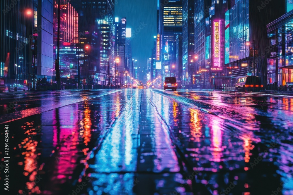 Wet street reflects vibrant neon lights in a futuristic city Wet street reflects vibrant neon lights in a futuristic city