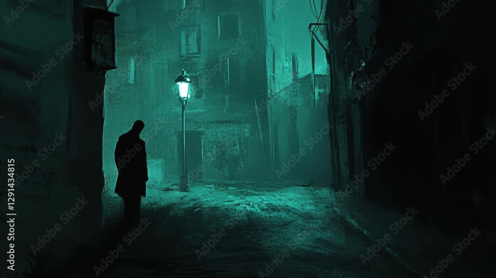 A lone figure is silhouetted in a dimly lit street scene A lone figure is silhouetted in a dimly lit street scene